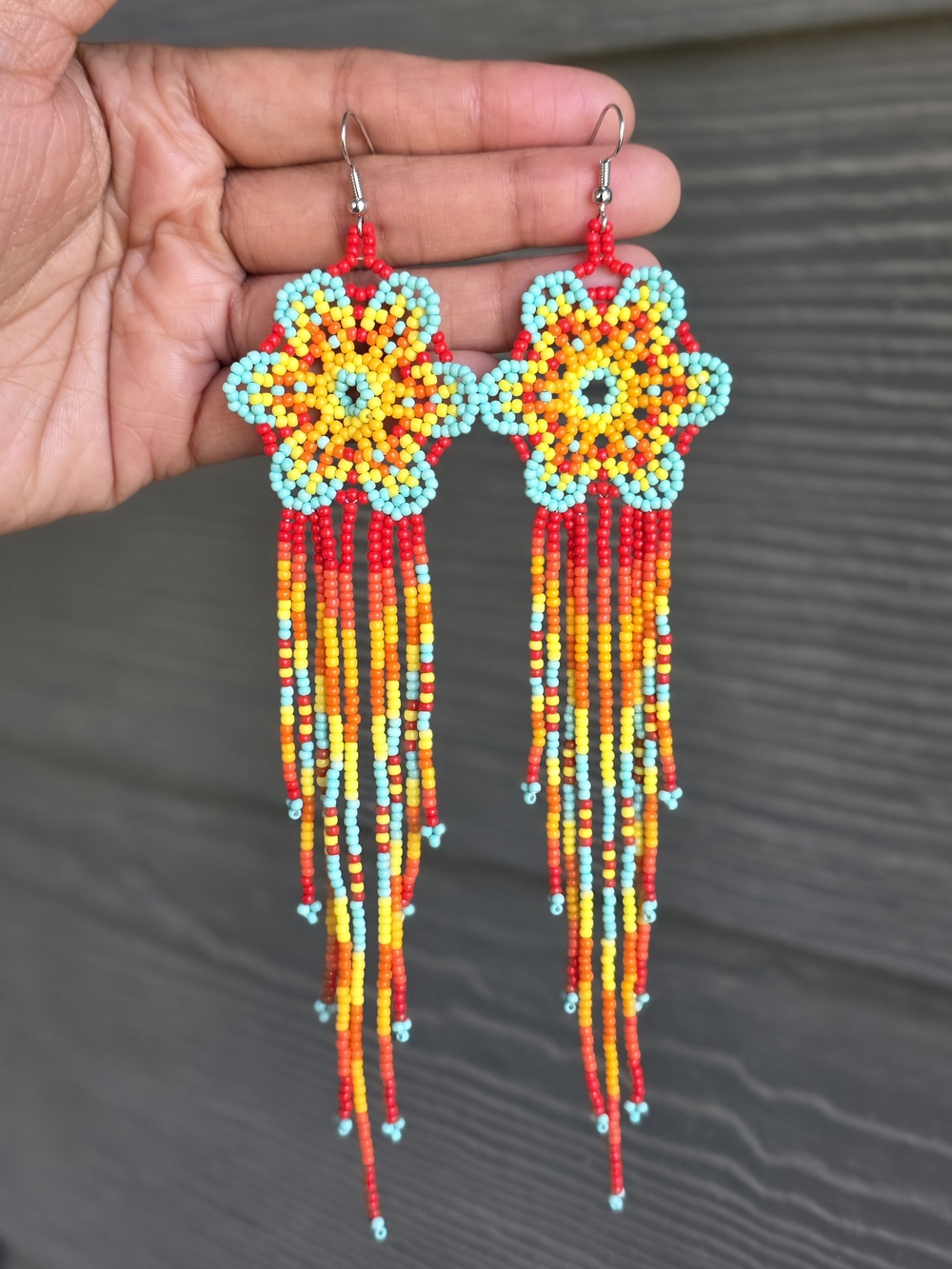 Fiery Haze Floral Boho Earrings Beaded Fringe Handmade Jewelry Boheme